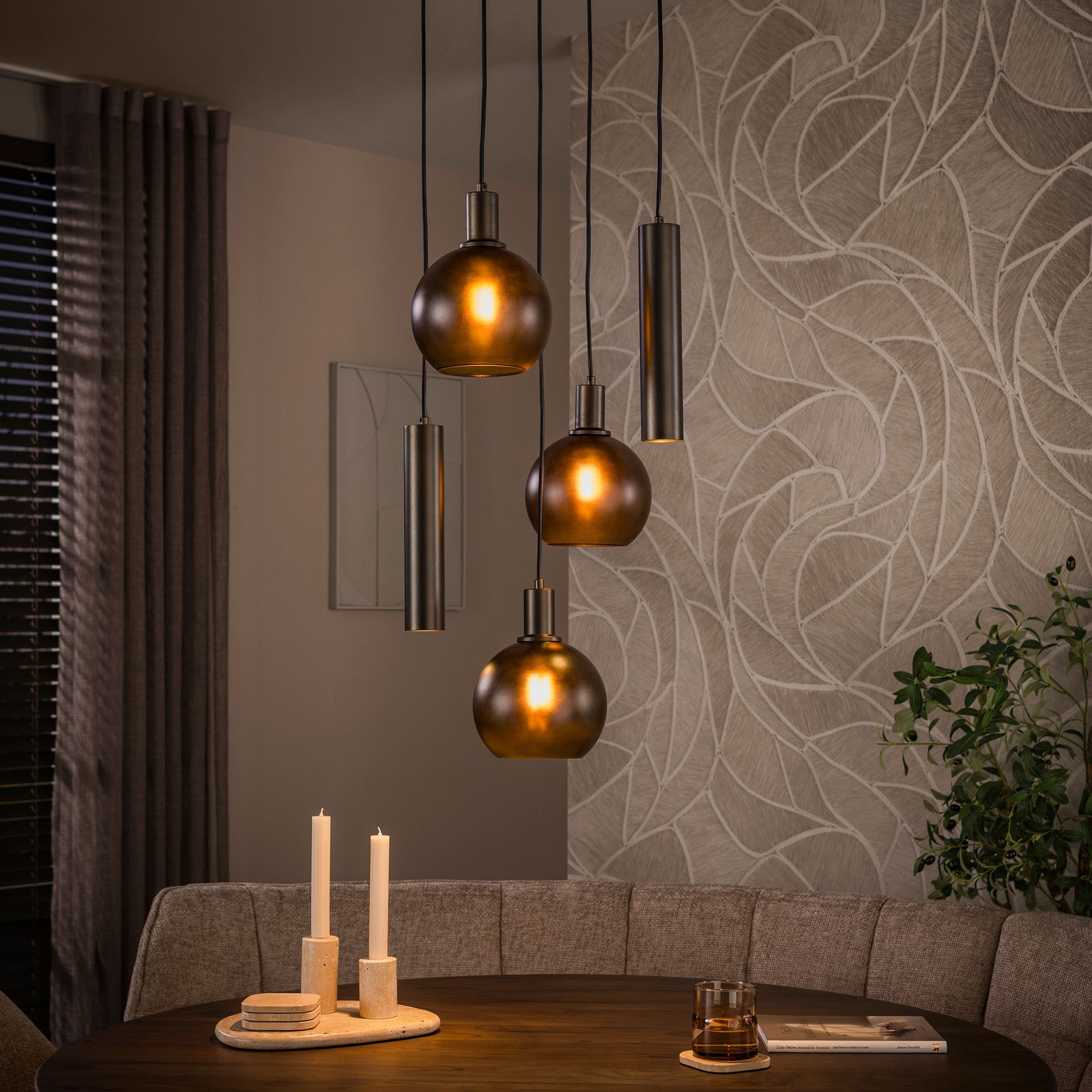 LifestyleFurn Hanglamp Janetta Glas en metaal, 3+2-lamps - Bruin 1 LifestyleFurn Hanglamp Janetta Glas en metaal, 3+2-lamps - Bruin